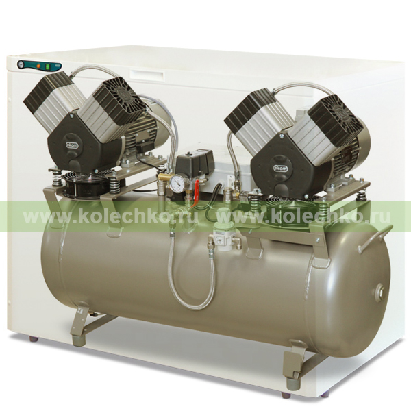 EKOM DK50 2x2V/110S/M – безмасляный компрессор со шкафом, с мембранным осушителем, для четырех стоматологических установок (215 л/мин, 6 – 8 бар) / Гарантия 2 года